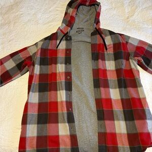 Eddie Bauer Men's Shirt Size XLT Classic Fit Button Up Plaid Red Hooded Flannel